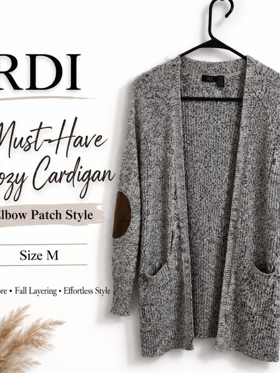 RDI Sweaters - RDI Marled Knit Open Cardigan Size M Gray Elbow Patch Cozy Layering Sweater